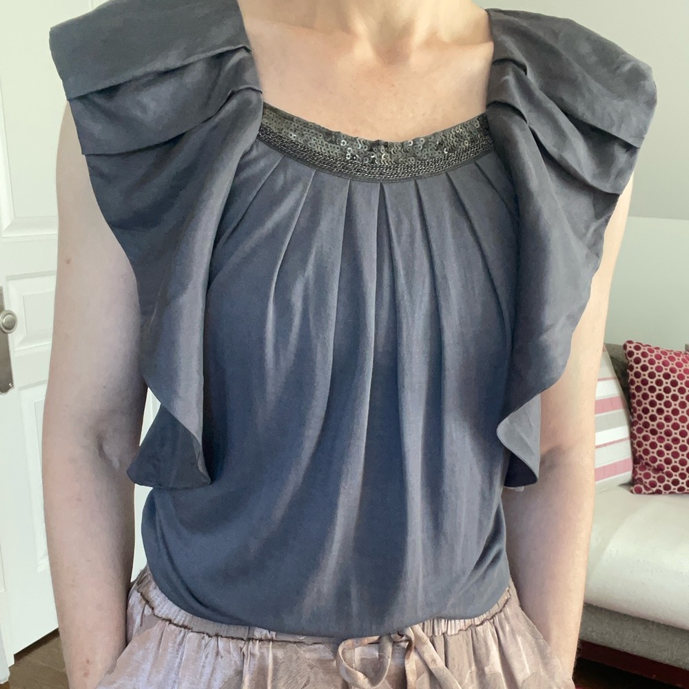 Silk Charcoal Sleevless Top with Shoulder Ruffles, Small